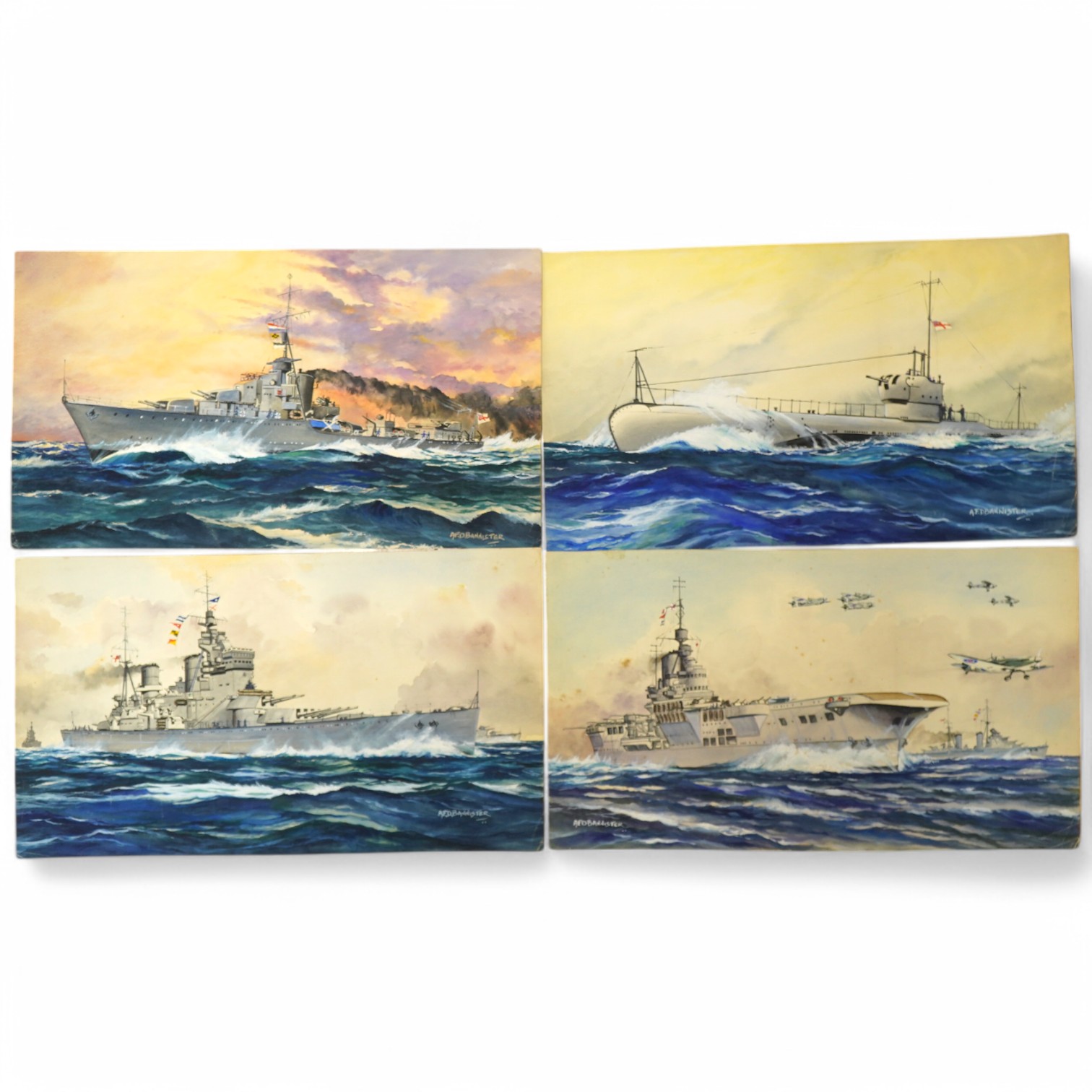 AFD Bannister, set of four original WWII watercolours for post card designs, Warships to include ‘HM Submarine Pandora’, ‘HMS Lightening Destroyer’ and ‘HMS Formidable Aircraft Carrier’, each signed with official censor